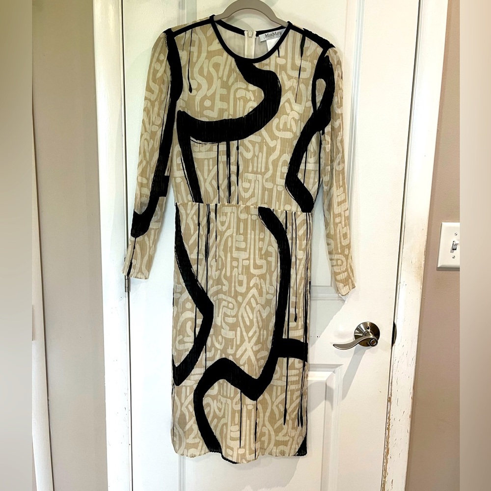 Max Mara Bina Long Sleeve Textured Chiffon Day to Dinner Dress Sz 10 Cream/Black - Picture 3 of 15